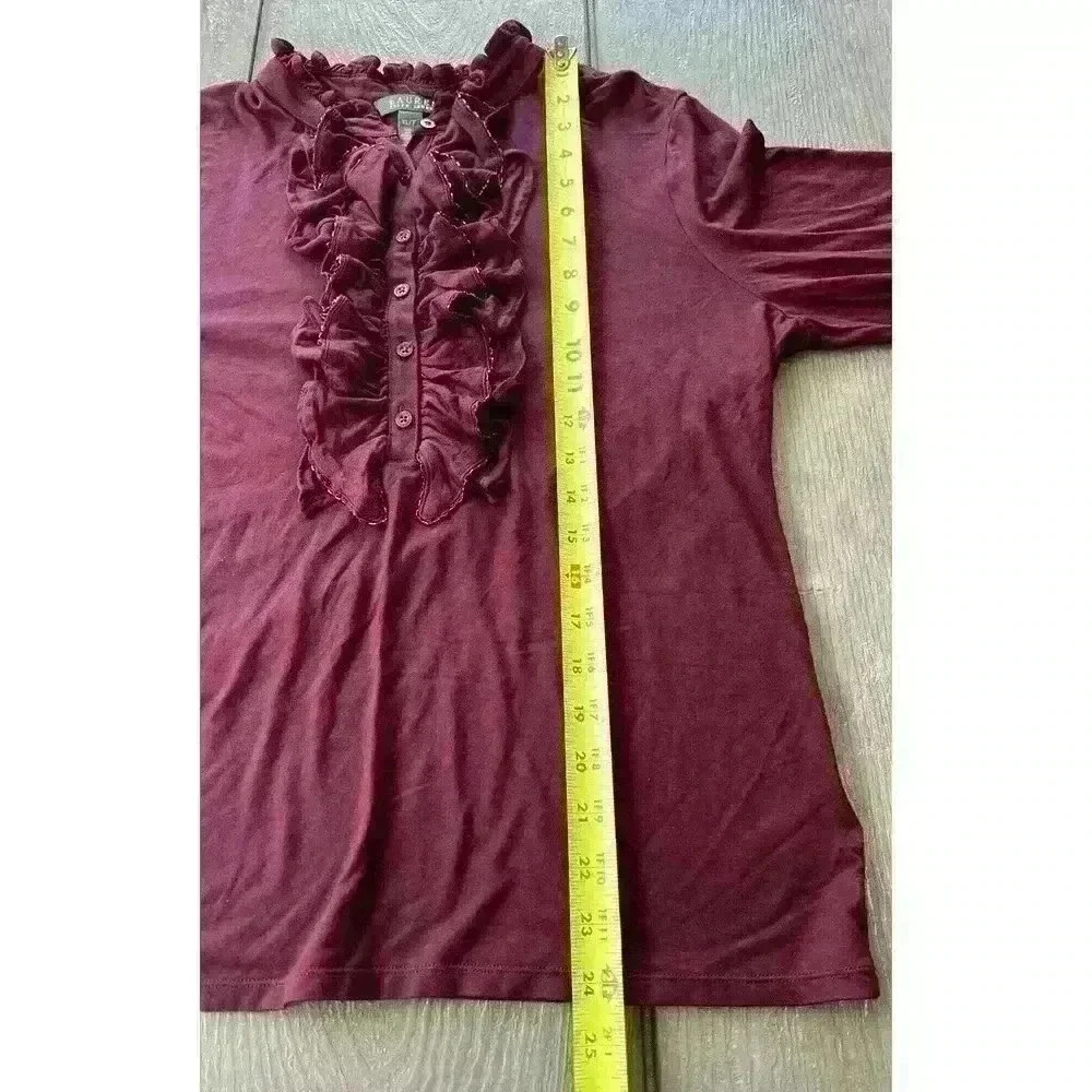 Lauren Ralph Lauren Blouse Womens XL Long Sleeve Beaded Ruffles Burgundy Stretch - Picture 5 of 8